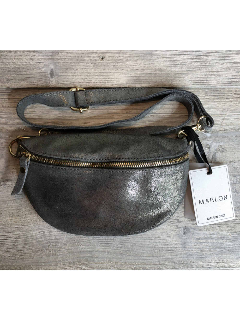 MARLON Italy Sling Bag Waist bag Leather Crossbody Purse Almond Glossy Glitter